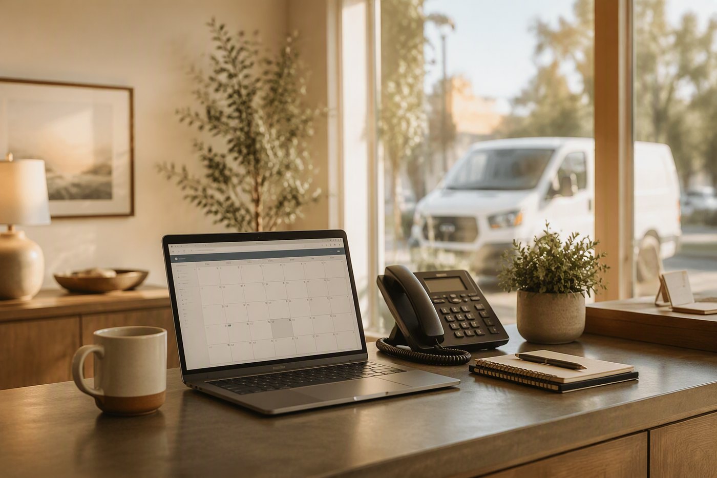 A small business front desk with a laptop showing a booking calendar